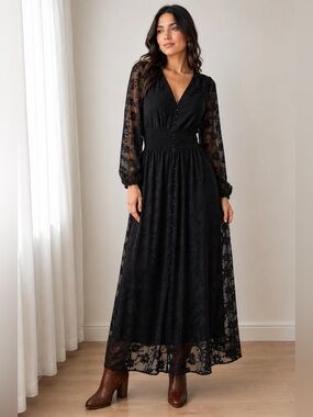 City Chic Black Floral Sheer Maxi Dress Long Sleeve Button Front XS/14